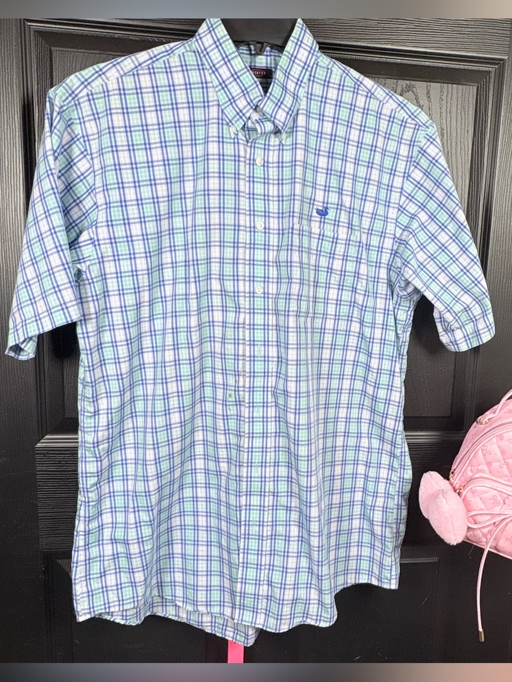 Men's Short-Sleeve Plaid Button-Down Shirt in Light Blue & Green